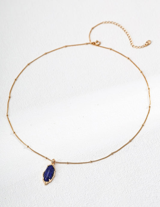 S925 Sterling Silver Vintage Natural Lapis Lazuli Necklace – Minimalist French Style
