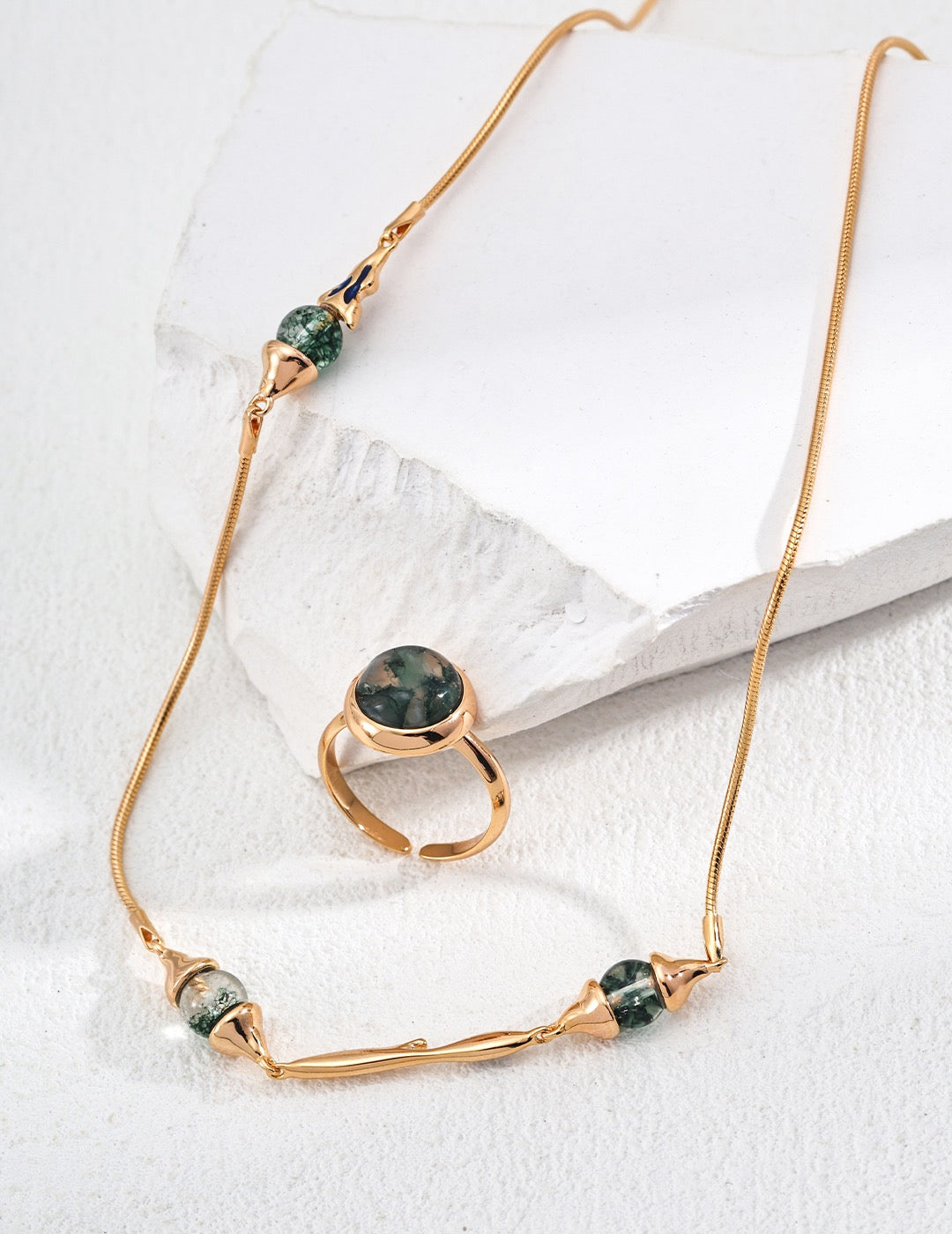 925 Silver Simple Moss Agate and Lapis Lazuli Necklace