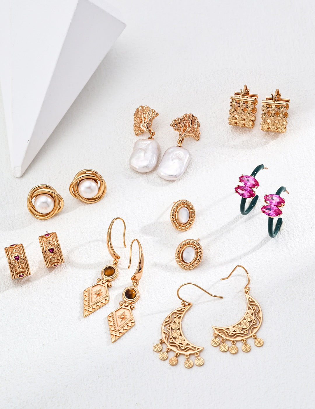 彩色對比粉色鋯石和綠色滴釉純銀耳環