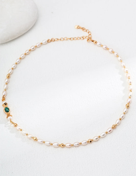 S925 Sterling Silver Necklace  with natural pearls and malachite stones