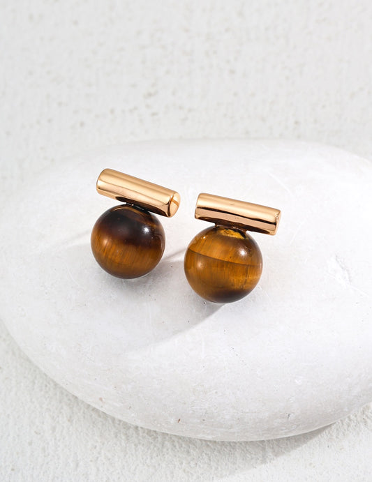 S925 Silver Minimalist Natural Tiger Eye Stone / Black Agate Earrings
