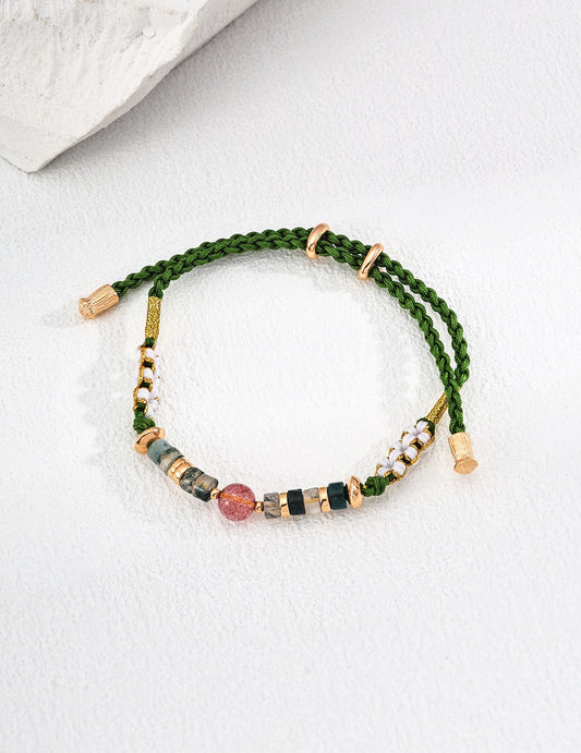 S925 Silver Vintage Strawberry Crystal and Moss Agate Hemp Rope Bracelet