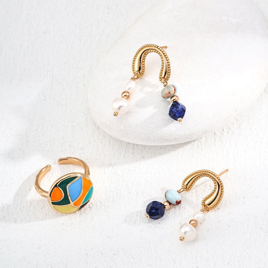 Pearl S925 Silver Earring with Lazurite & Lardite Earrings