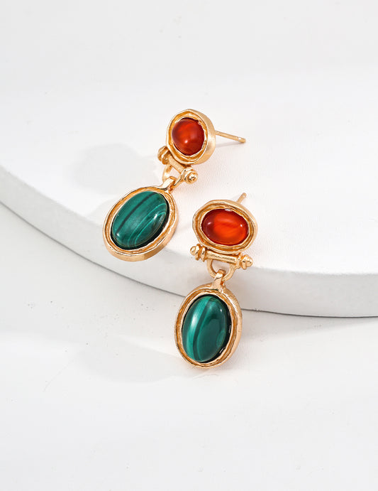 Moonlit Treasure S925 Silver Vintage Gemstone Earrings – Malachite & Red Agate