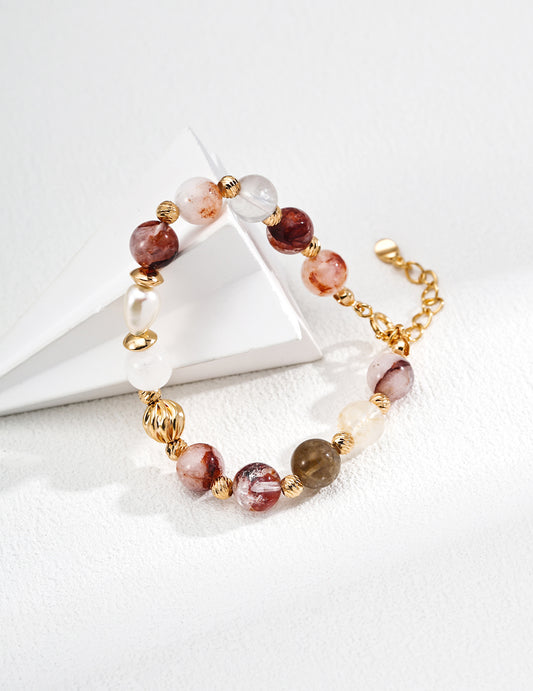 S925 Silver Vintage Natural Pearl & Red Crystal Bead Bracelet
