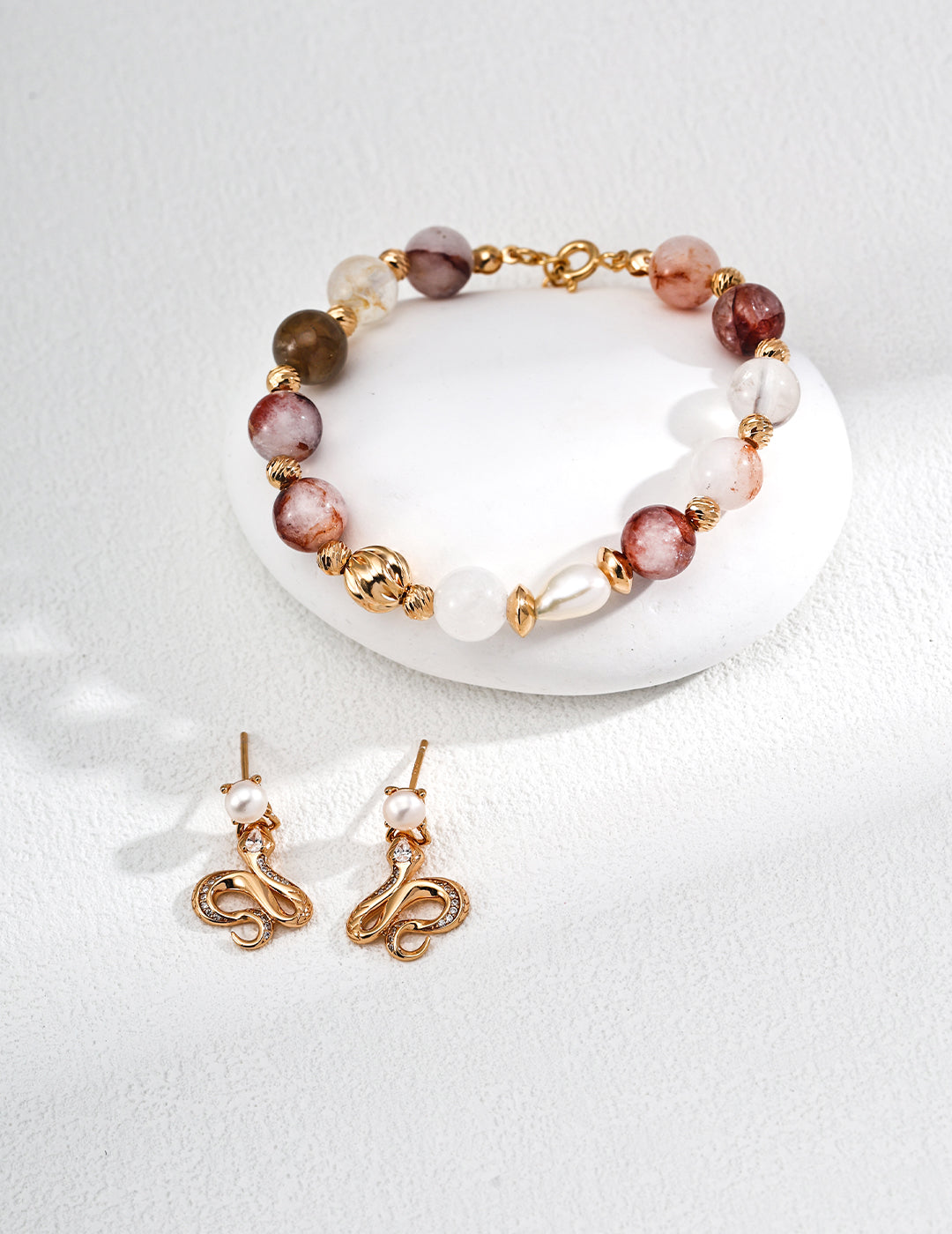 S925 Silver Vintage Natural Pearl & Red Crystal Bead Bracelet