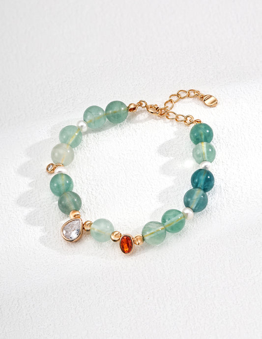 S925 Silver Fashion Bracelet with Natural Pearl, Green & Yellow Stone Inlay