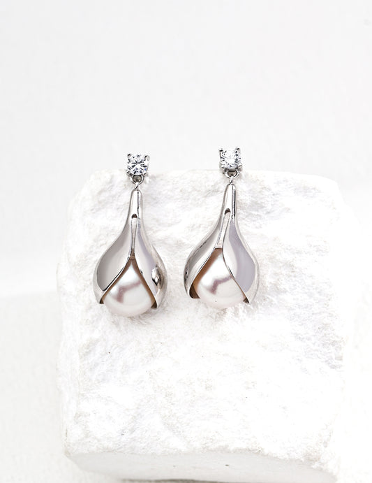 S925 Silver Vintage Pearl & Diamond-Inlaid Floral Earrings