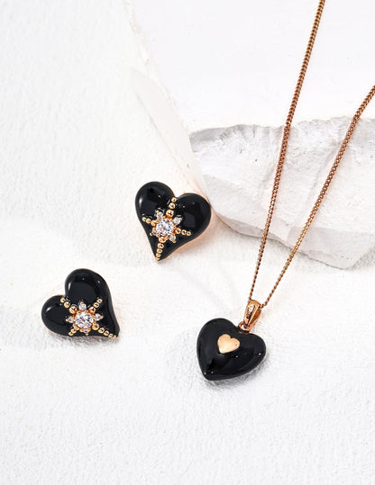 S925 Silver Fashion Enamel Zircon Heart Earrings.