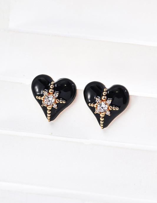 S925 Silver Fashion Enamel Zircon Heart Earrings.