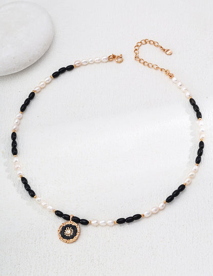 S925 Silver Natural Pearl Black Onyx Glazing Zircon Pendant Necklace & S925 Simple Imitation Amber Earrings Set