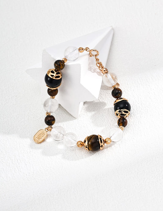 S925 Silver Tiger Eye & Black Agate Crystal Bead Bracelet