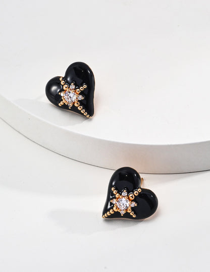 S925 Silver Fashion Enamel Zircon Heart Earrings.