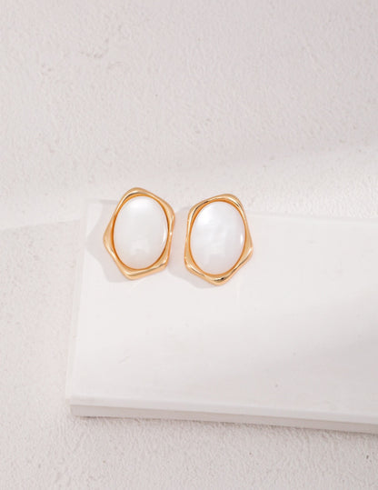 Vintage Gold Oval Earrings – 925 Silver & Mother-of-Pearl