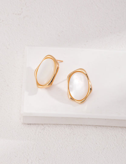 Vintage Gold Oval Earrings – 925 Silver & Mother-of-Pearl