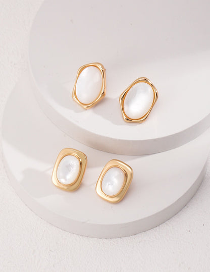 Vintage Gold Oval Earrings – 925 Silver & Mother-of-Pearl