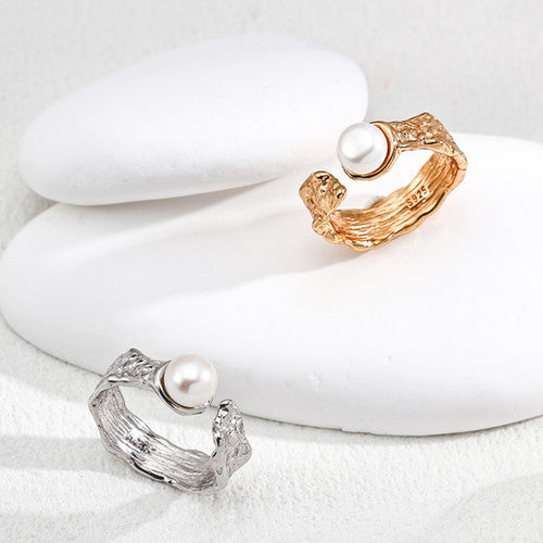 Hammered Sterling Silver Ring with Natural Pearl