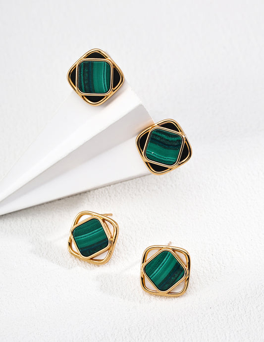 S925 Vintage Gold Malachite with White Pearl/Agate Earrings