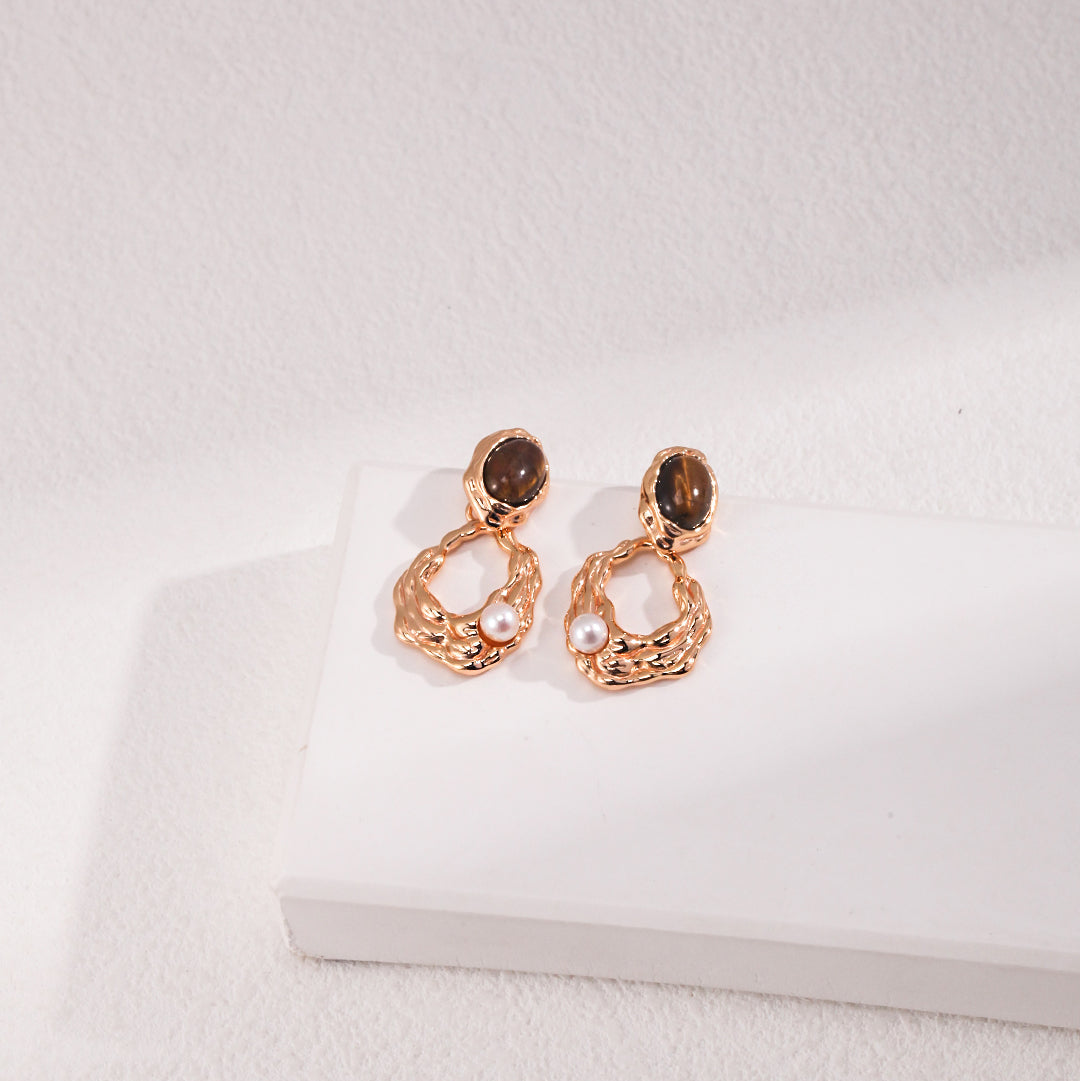 虎眼石耳環 | S925純銀金色設計