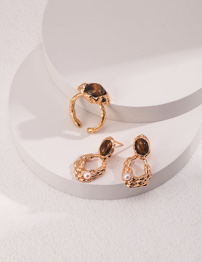 虎眼石耳環 | S925純銀金色設計