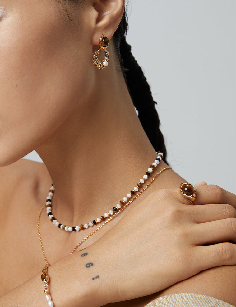 虎眼石耳環 | S925純銀金色設計