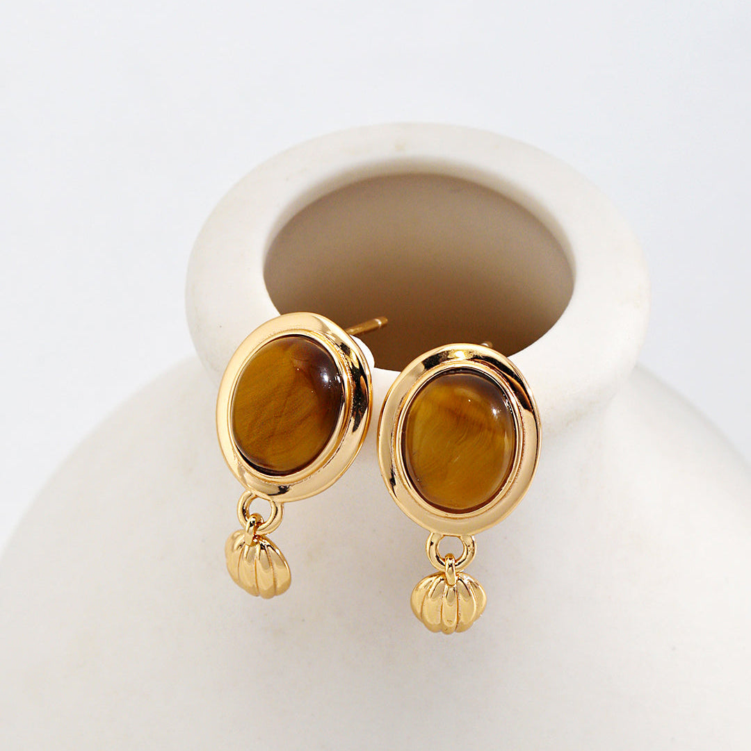 Minimalist Tiger Eye Earrings | S925 Silver Gold