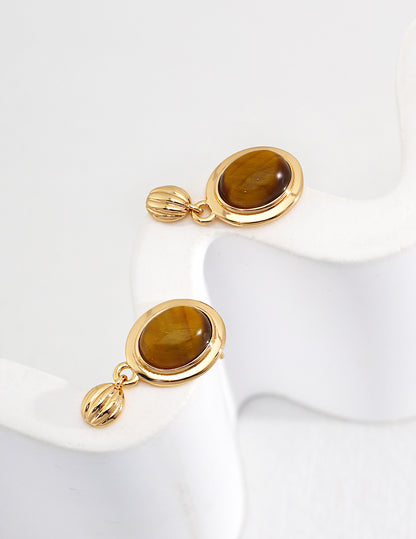 Minimalist Tiger Eye Earrings | S925 Silver Gold
