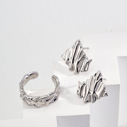 Textured Abstract Earrings & Adjustable Ring | S925 Silver Design