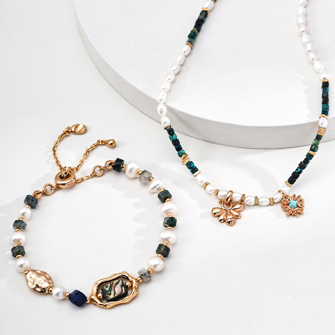 S925銀設計感天然珍珠青金石幻彩貝水草瑪瑙手鍊