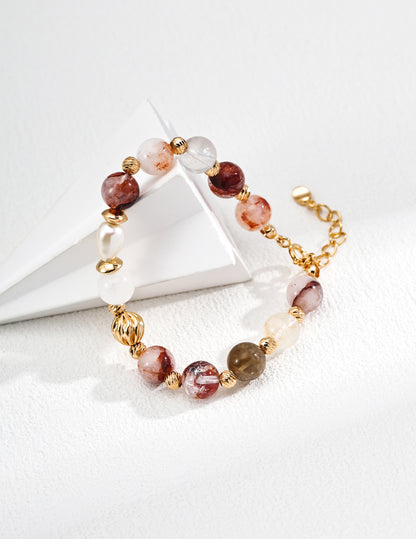 S925 Silver Vintage Natural Pearl & Red Crystal Bead Bracelet
