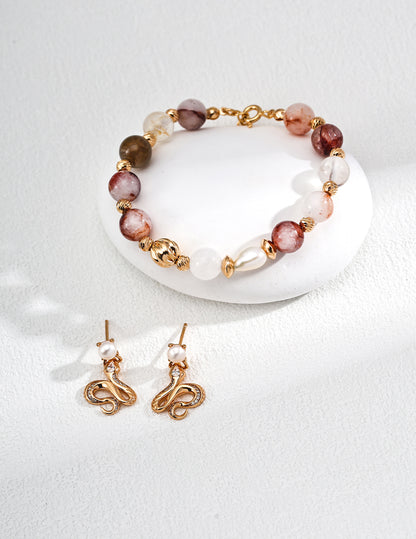 S925 Silver Vintage Natural Pearl & Red Crystal Bead Bracelet