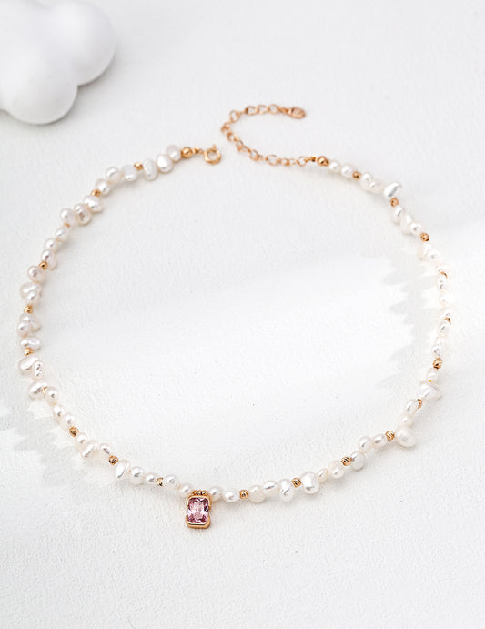 Pink Gemstone Pendent with Exquisite Pearl Necklace