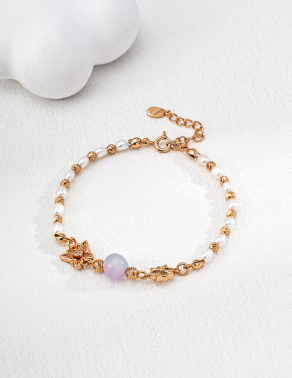 Cat-Eye Stone & Pearl Bracelet – Forest-Inspired Elegance