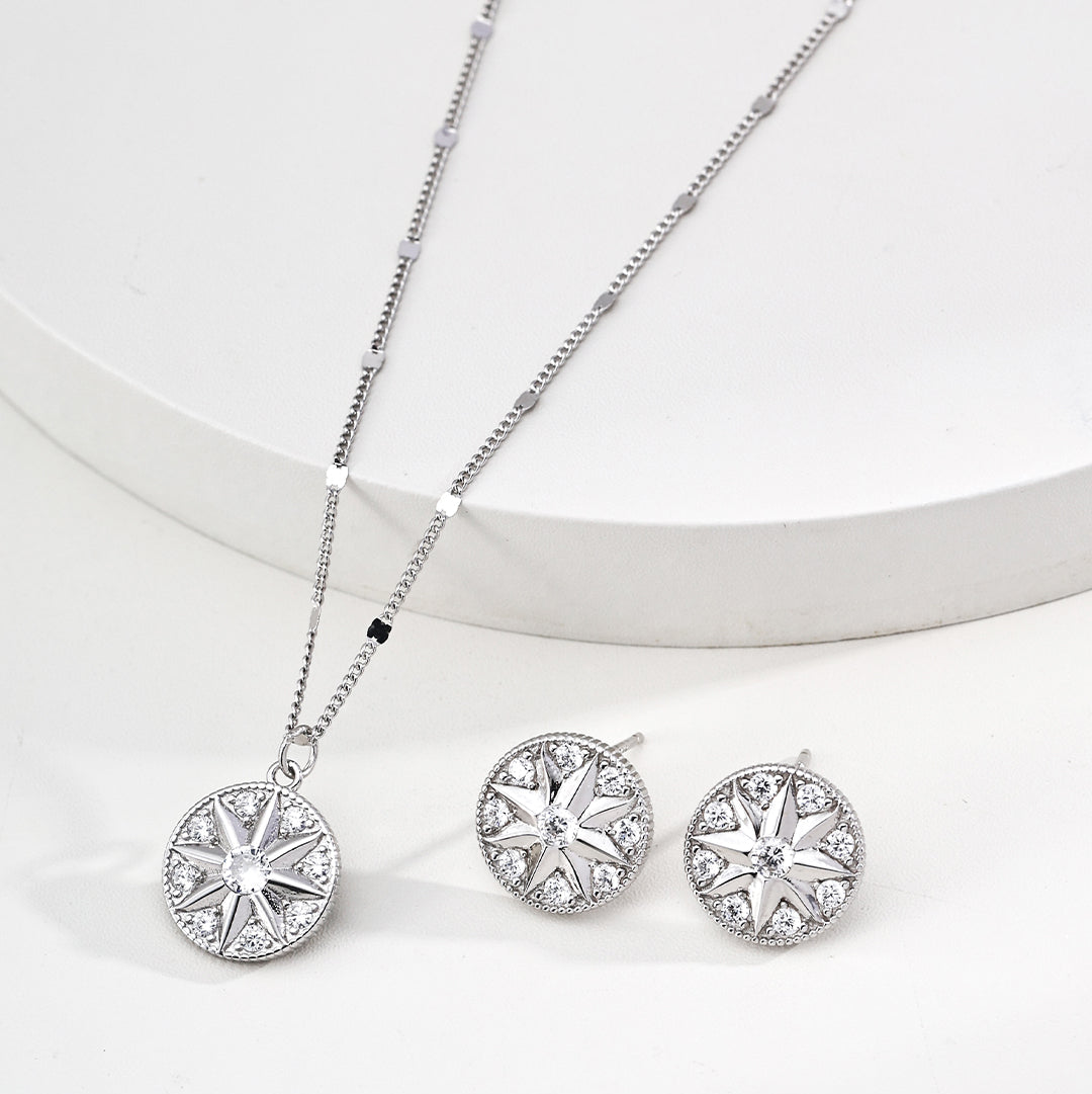 星芒鑲石頸鍊與耳環 | S925純銀設計