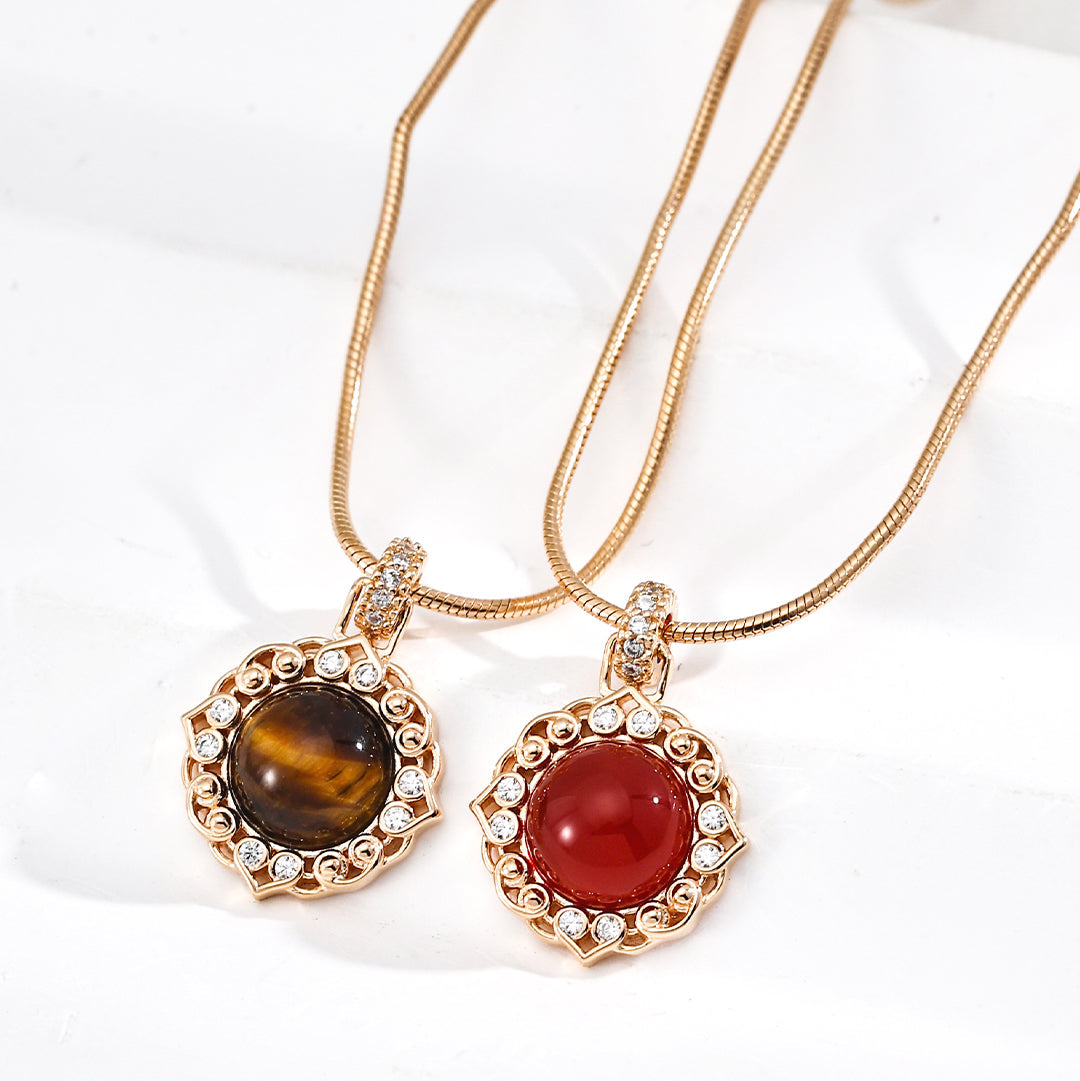 復古紅瑪瑙虎眼石頸鍊/耳環 | S925純銀雕花設計