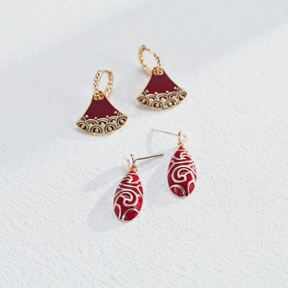 Chinese Vintage Fan Style Earrings | S925 Silver Gold Design